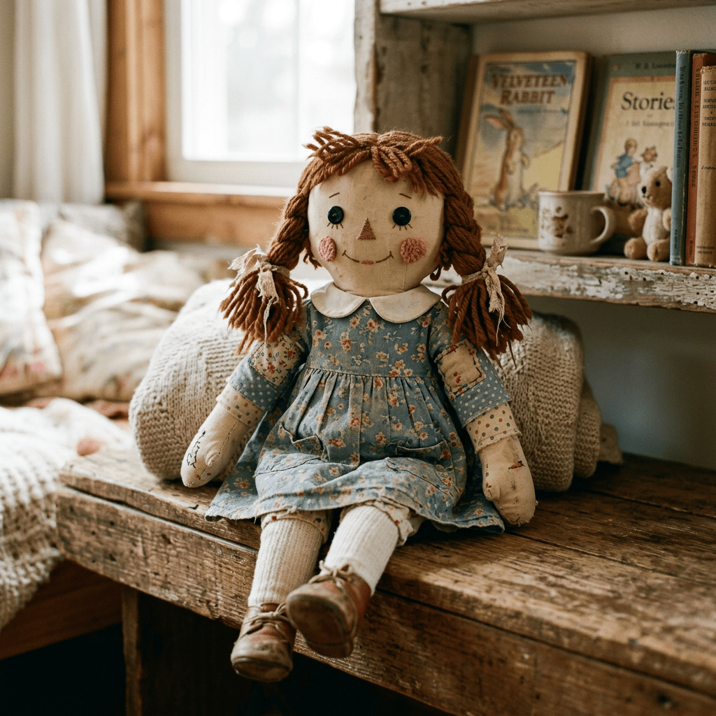 Rag doll with red yarn hair wearing a floral dress sitting on wooden bench
